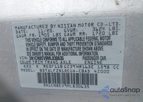 2021 Nissan Versa Sv Xtronic Cvt from USA, damaged, VIN 3N1CN8EV9ML830635